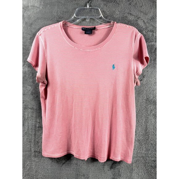Ralph Lauren Sport Pink & White Striped Cotton T-Shirt With Embroidered Logo Wom - Picture 1 of 8